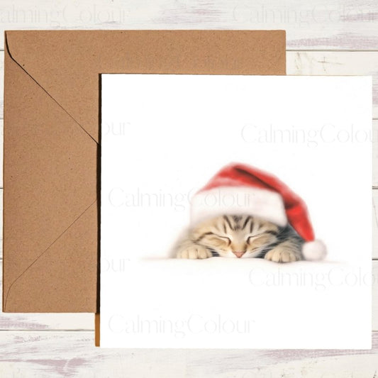 Tabby Cat Asleep in Santa Hat | Christmas Card | Christmas Card
