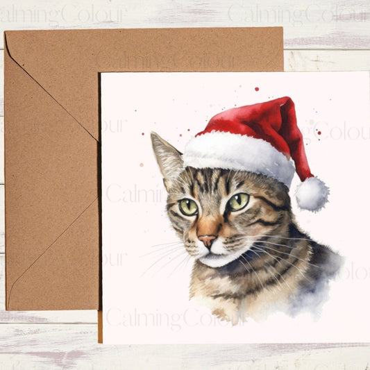 Tabby Cat wearing Red Santa Hat | Christmas Card | Calming Colour