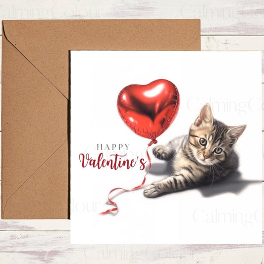 Tabby Cat with Heart Balloon | Valentine's Card | Valentine's Day
