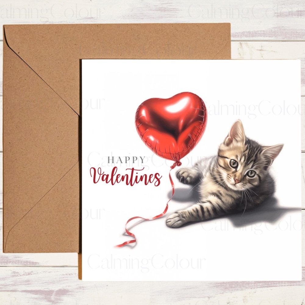 Tabby Cat with Red Balloon | Valentine's Card | With Love | Calming Colour