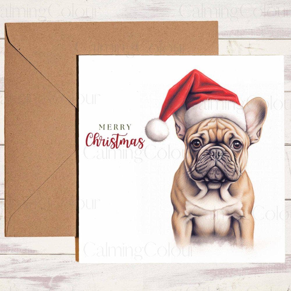 Tan French Bulldog wearing Red Santa Hat | Christmas Card | Christmas Card