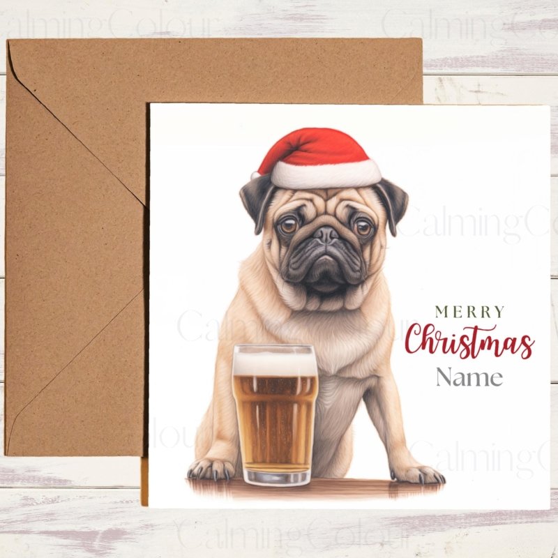 Tanned Pug with Santa Hat and Pint | Christmas Card | Christmas Card