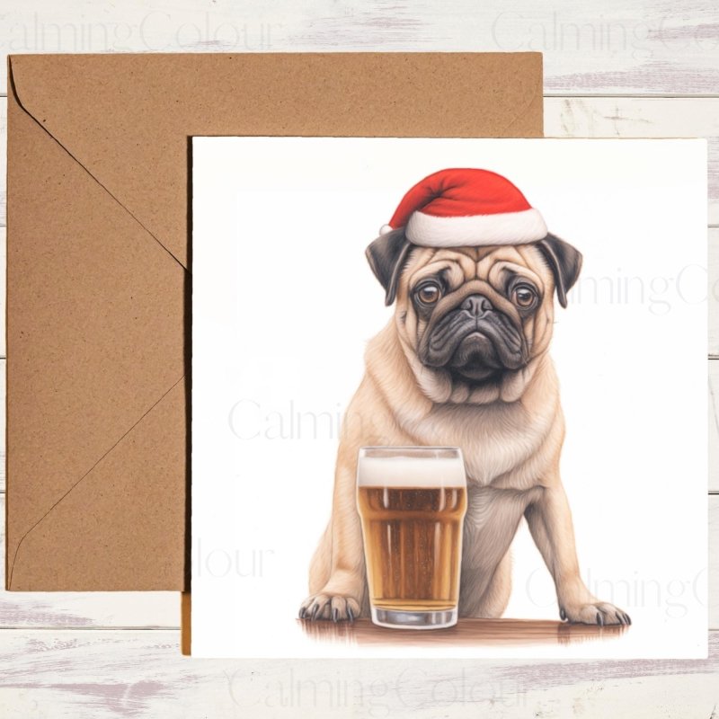 Tanned Pug with Santa Hat and Pint | Christmas Card | Christmas Card