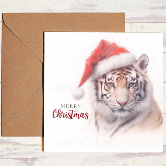 Tiger Christmas Card | Festive Red Hat Design | Christmas Card