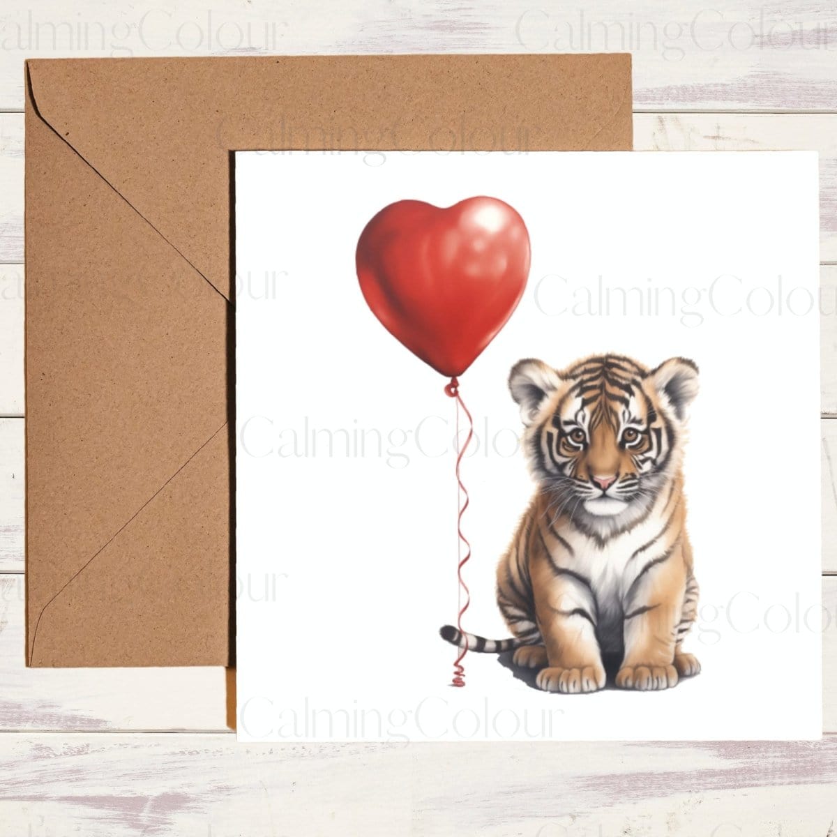 Tiger Cub with Red Balloon | Greeting Card | Single Card | Calming Colour