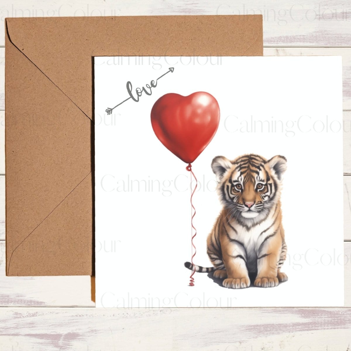 Tiger Cub with Red Balloon | Greeting Card | Single Card | Calming Colour