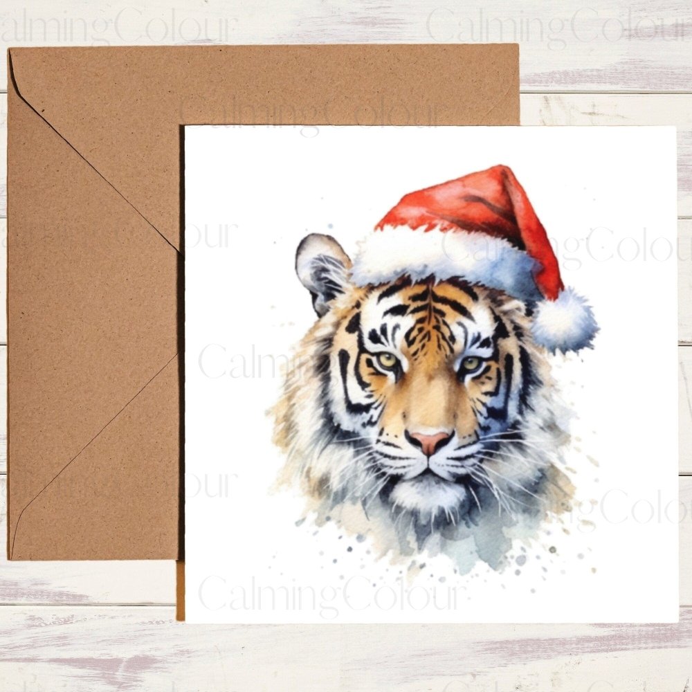 Tiger wearing Red Santa Hat | Christmas Card | Calming Colour