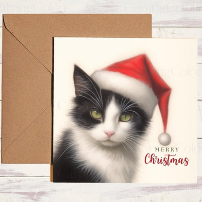 Tuxedo Cat in Santa Hat | Christmas Card | Christmas Card