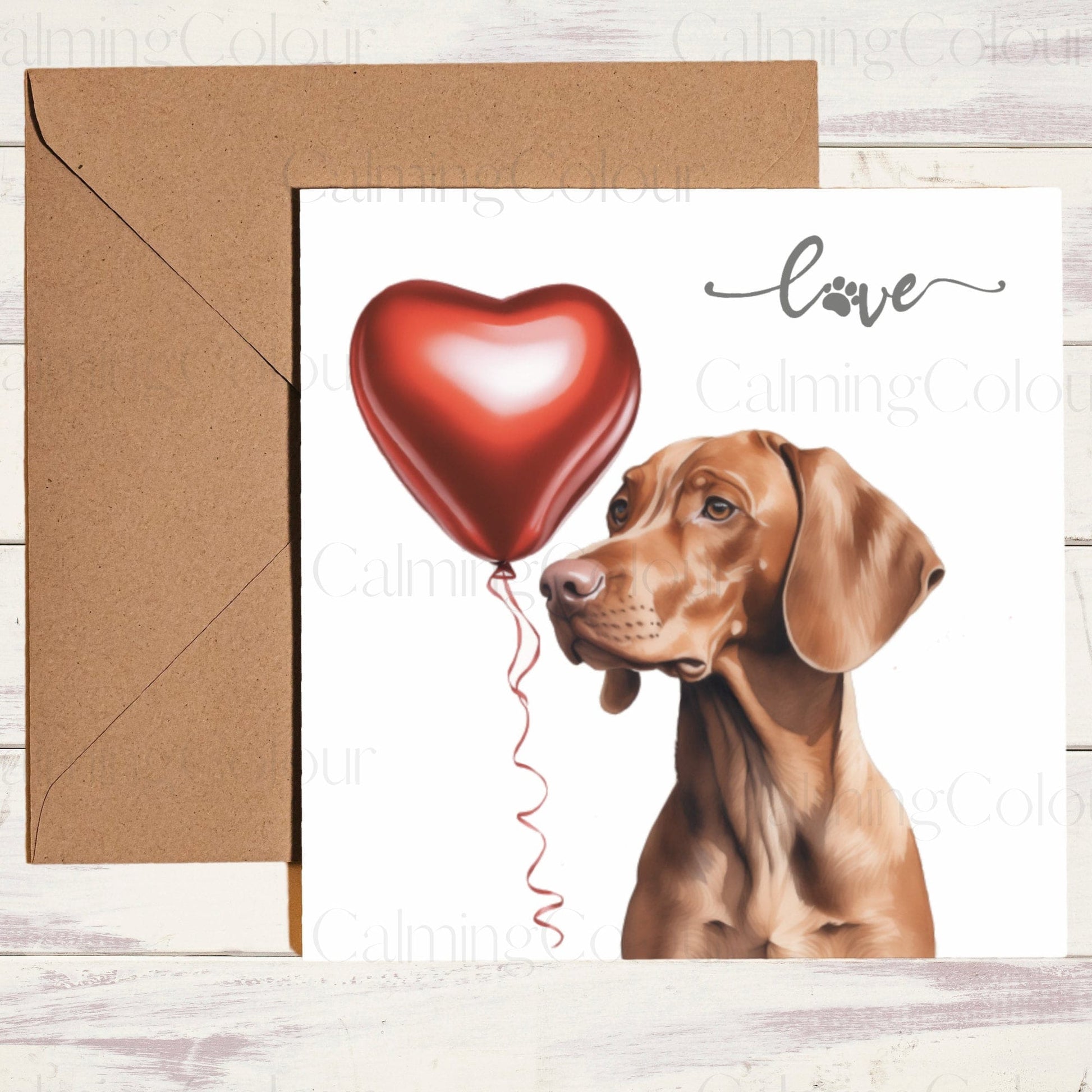 Vizsla with Red LoveHeart Balloon | Birthday Card | Calming Colour