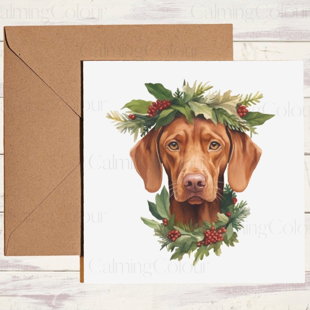 Vizsla wearing Green Christmas Wreath | Christmas Card | Calming Colour