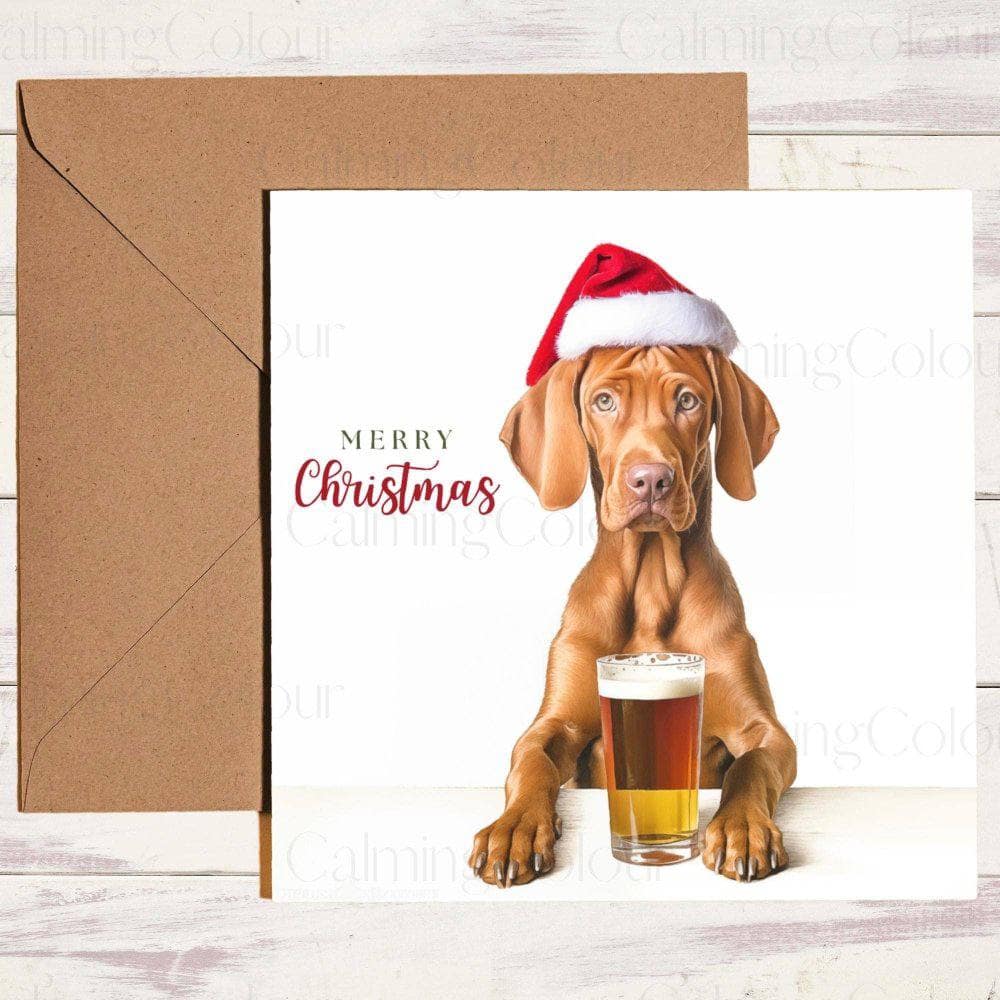 Vizsla wearing Red Santa Hat | Christmas Card | Christmas Card