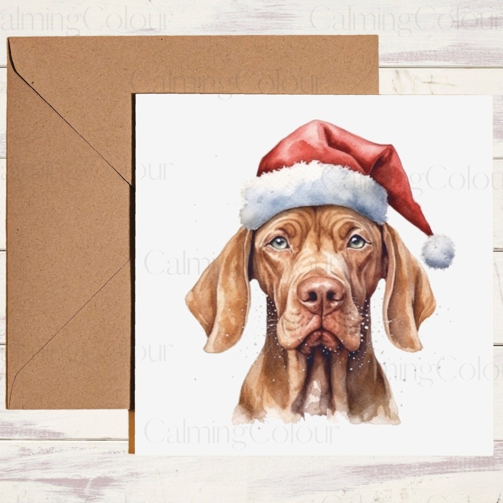 Vizsla wearing Red Santa Hat | Christmas Card | Calming Colour