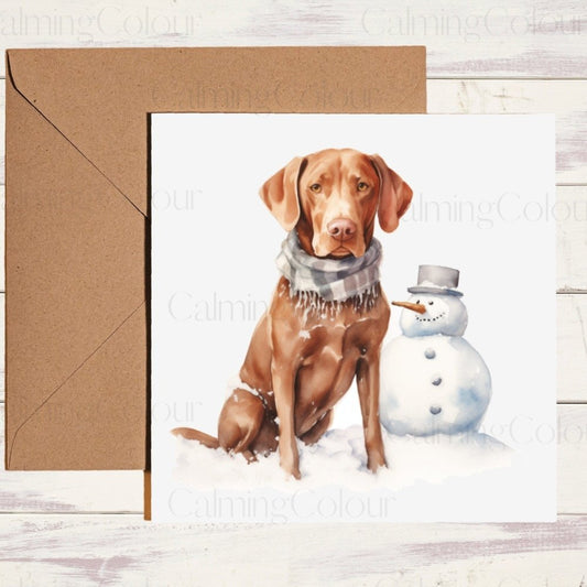 Vizsla with Mini Snowman | Christmas Card | Christmas Card