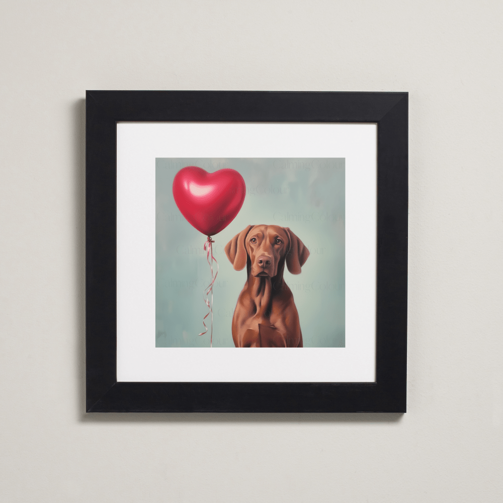 Vizsla with Red Balloon | Framed Art Print | Calming Colour