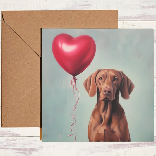 Vizsla with Red Balloon | Valentine's Card | Anniversary | Calming Colour