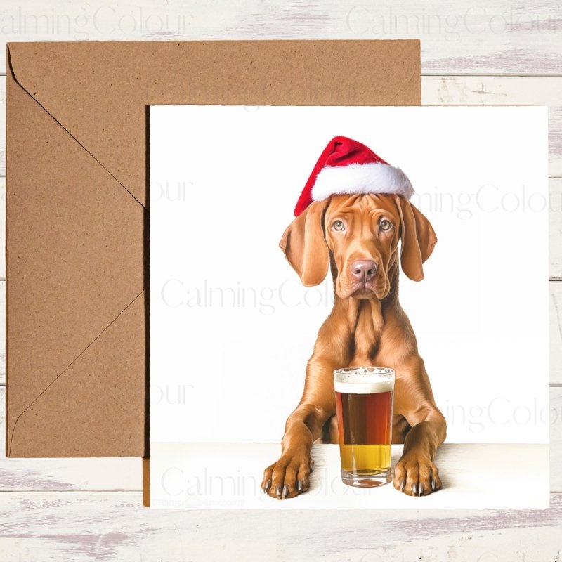 Vizsla with Santa Hat and Pint | Christmas Card | Christmas Card