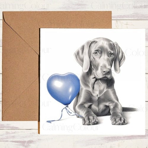 Weimaraner with Blue Balloon | Greeting Card | Single Card | Calming Colour