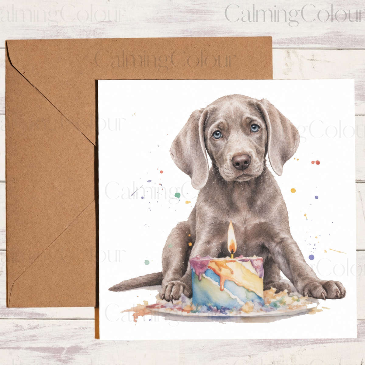 Weimaraner puppy beside a colourful birthday cake on a greeting card with a kraft envelope