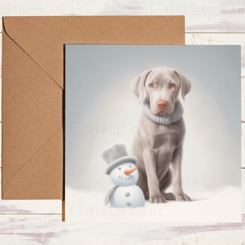 Weimaraner Puppy with Mini Snowman | Christmas Card | Christmas Card