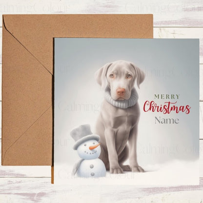 Weimaraner Puppy with Mini Snowman | Christmas Card | Christmas Card