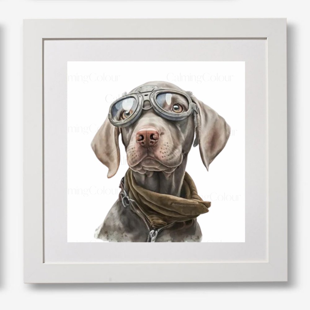 Weimaraner wearing Goggles | Framed Art Print | Calming Colour