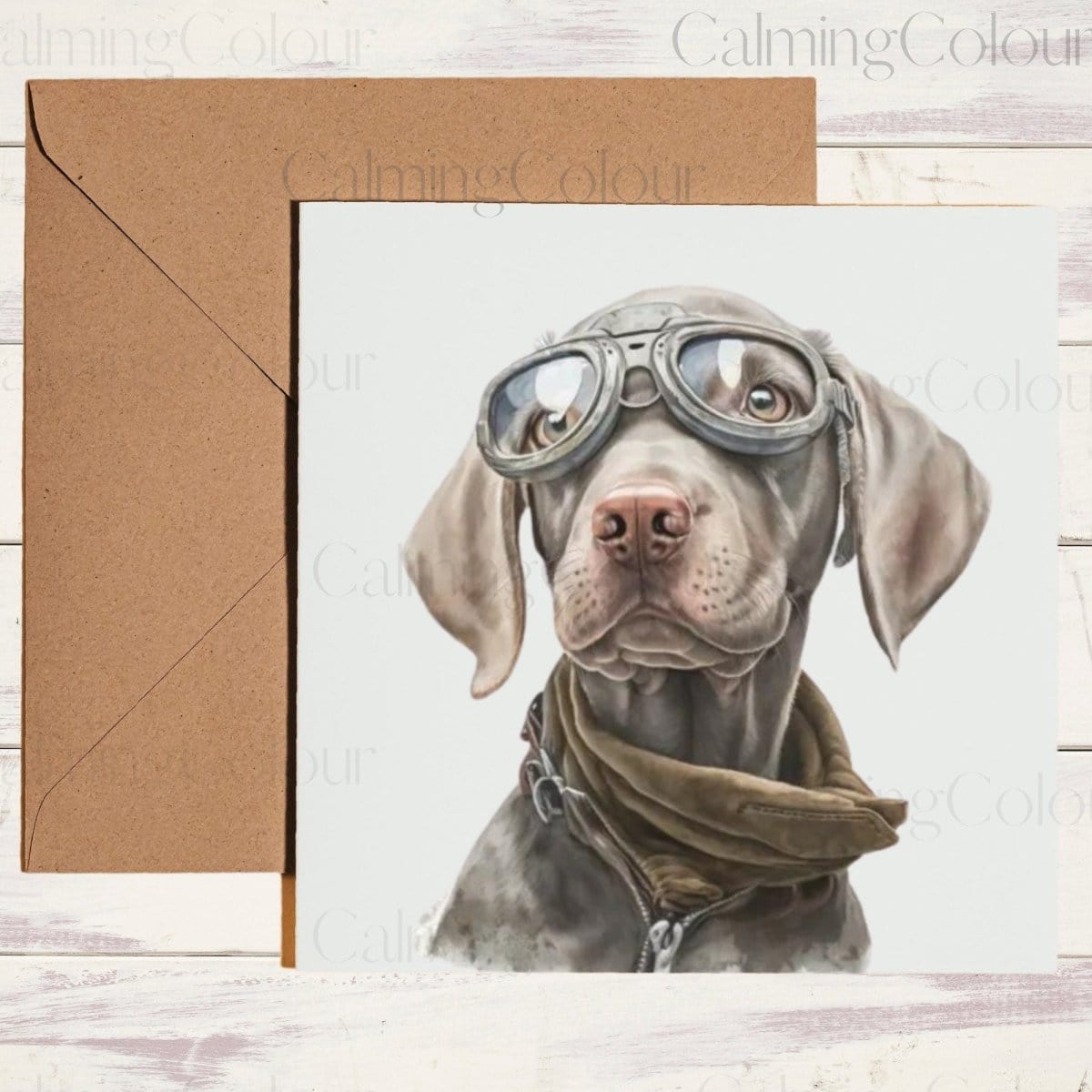 Weimaraner wearing Goggles | Greeting Card | Calming Colour