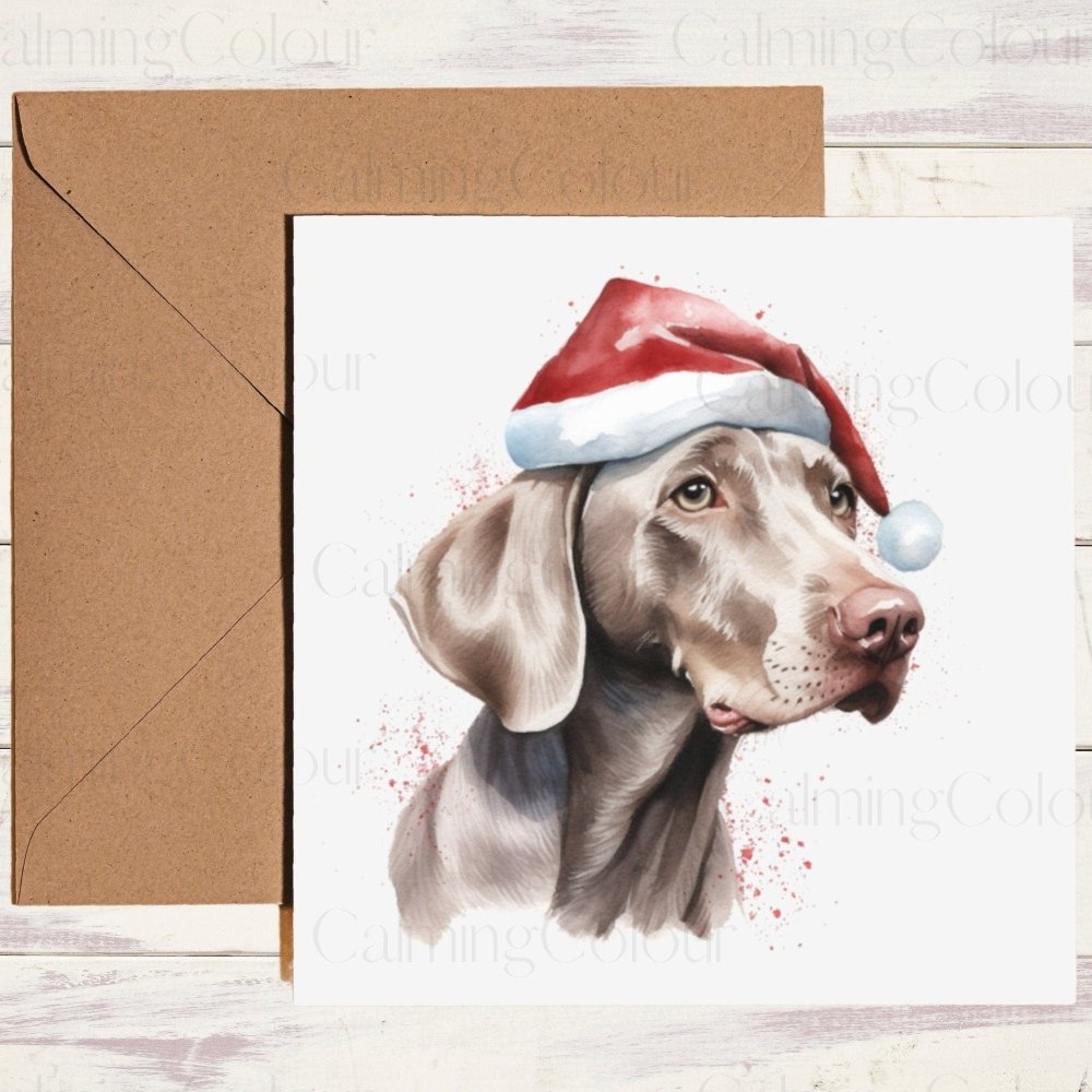 Weimaraner wearing Red Santa Hat | Christmas Card | Calming Colour