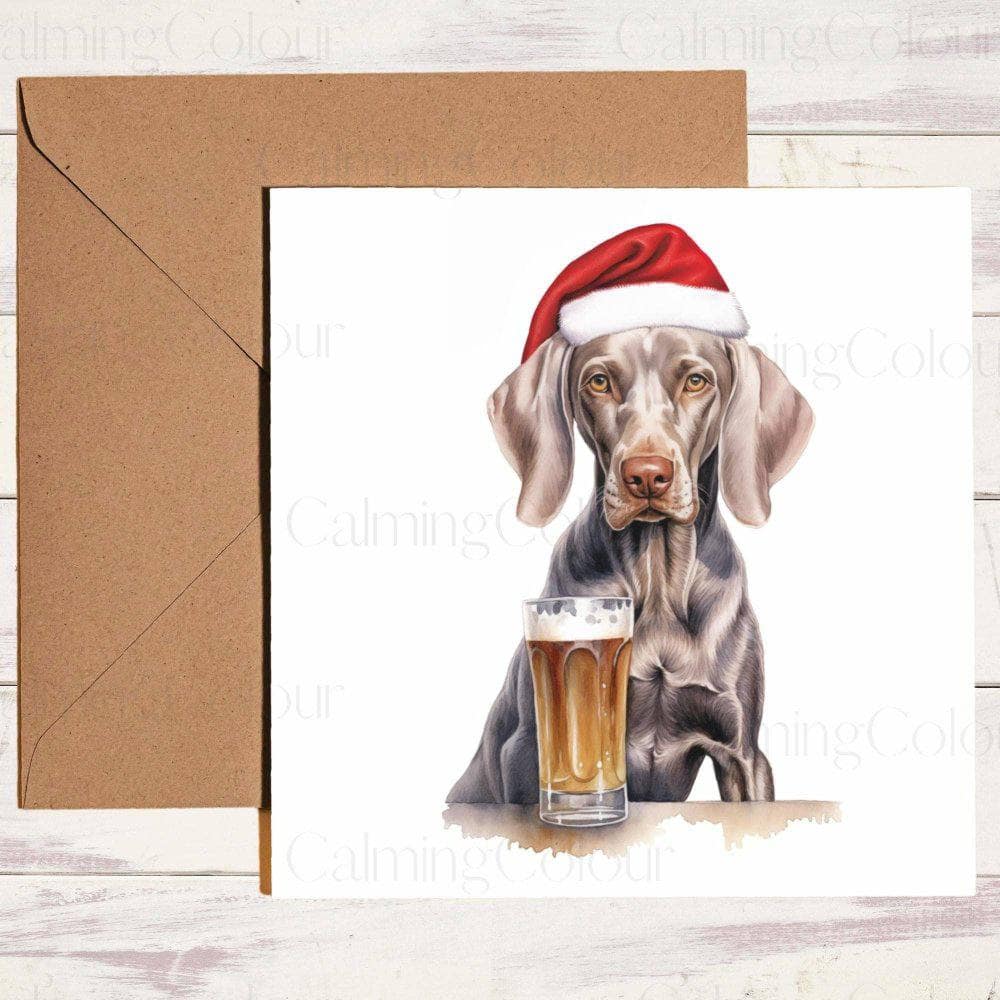 Weimaraner wearing Red Santa Hat | Christmas Card | Calming Colour