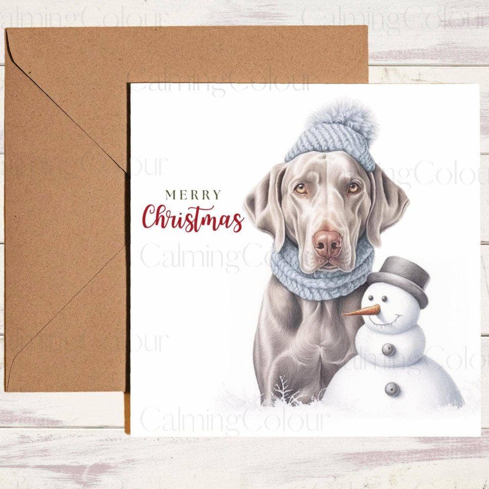 Weimaraner with Mini Snowman | Christmas Card | Calming Colour