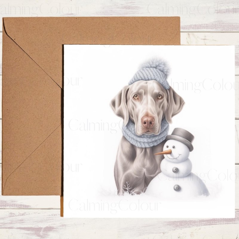 Weimaraner with Mini Snowman | Christmas Card | Christmas Card