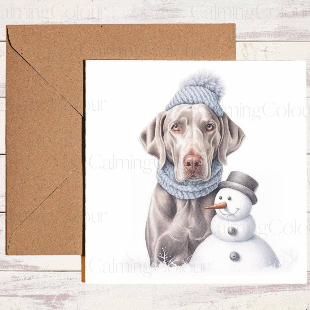 Weimaraner with Mini Snowman | Christmas Card | Calming Colour