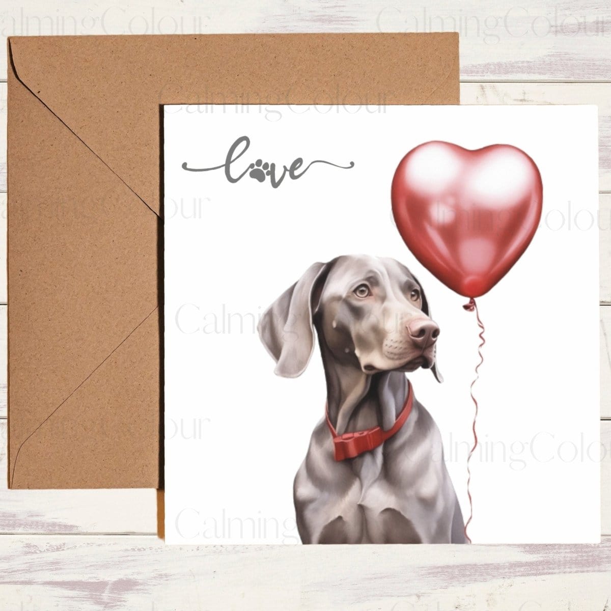 Weimaraner with Red Balloon | Greeting Card | Calming Colour