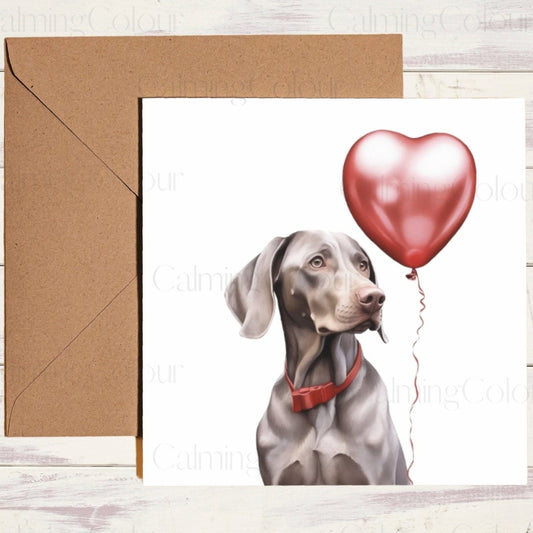 Weimaraner with Red Balloon | Greeting Card | Calming Colour