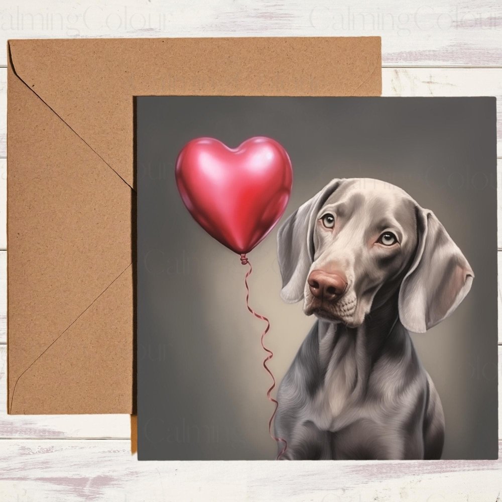 Weimaraner with Red Balloon | Valentine's Card | With Love | Calming Colour