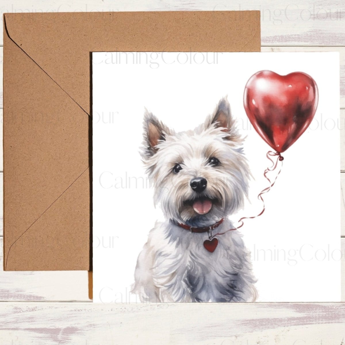 West Highland Terrier with a Red Balloon | Greeting Card | Calming Colour