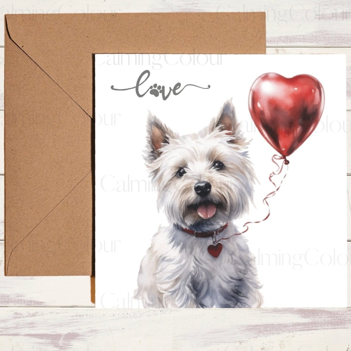 West Highland Terrier with a Red Balloon | Greeting Card | Calming Colour