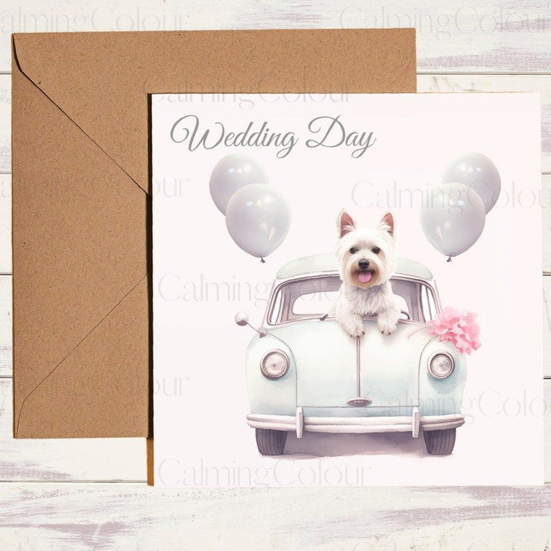 West Highland Terrier in Wedding Car | Wedding Card | Calming Colour