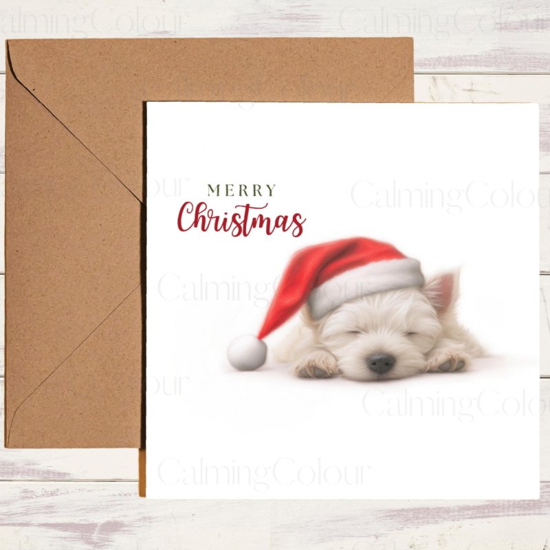 West Highland Terrier Sleeping in Santa Hat | Christmas Card | Christmas Card