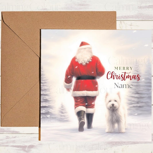 Personalised Westie Christmas card walking with Santa and name