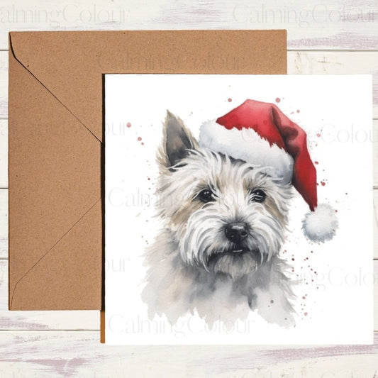 West Highland Terrier wearing Red Santa Hat | Christmas Card | Calming Colour