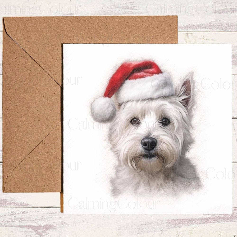 West Highland Terrier wearing Red Santa Hat | Christmas Card | Calming Colour