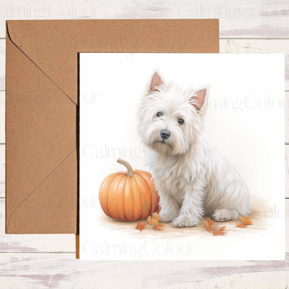 West Highland Terrier with a Smiling Pumpkin | Birthday Card | Halloween | Calming Colour