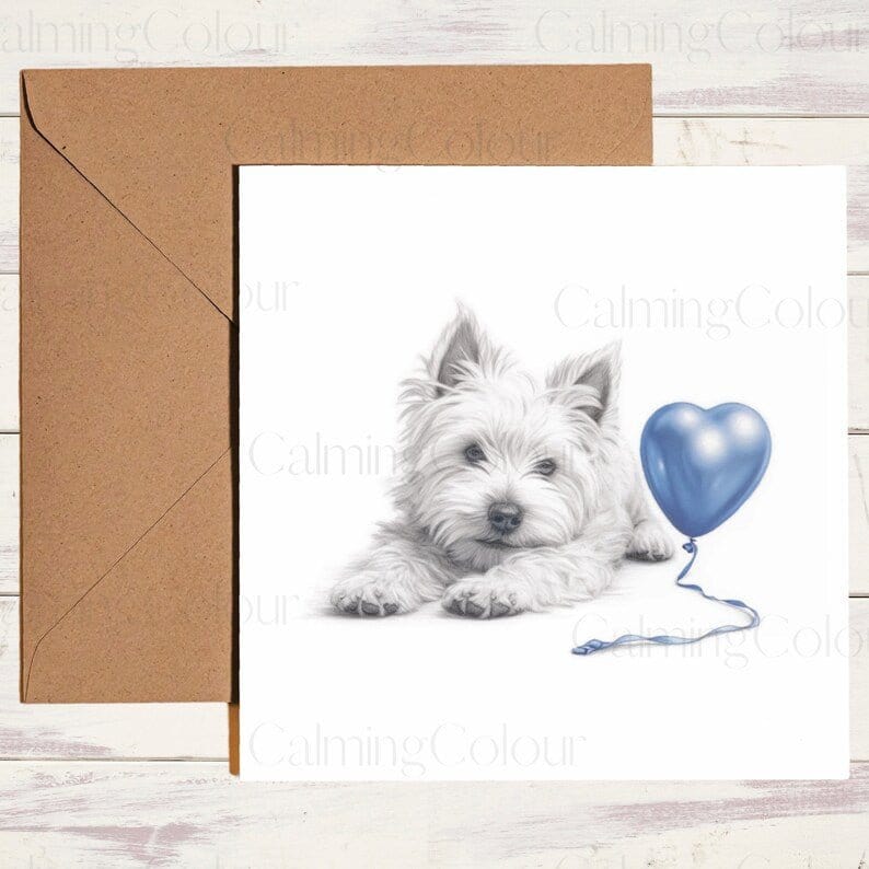 West Highland Terrier with Blue Balloon | Father's Day Card | Calming Colour