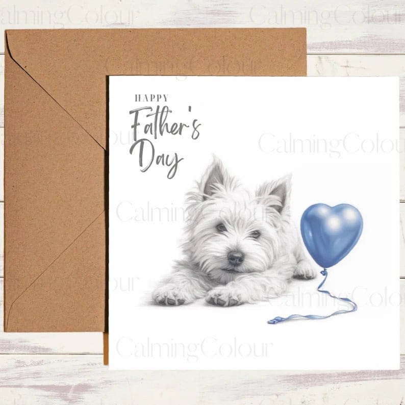 West Highland Terrier with Blue Balloon | Father's Day Card | Calming Colour