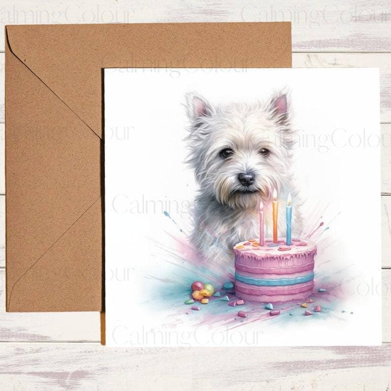 West Highland Terrier with Cake | Birthday Card | Calming Colour