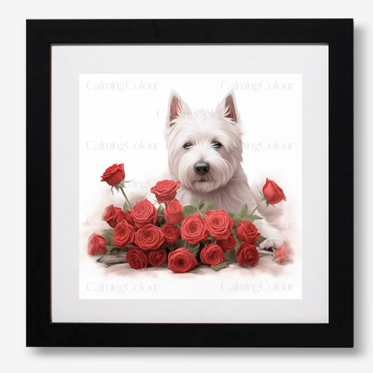 West Highland Terrier with Red Roses | Framed Art Print | Artwork - Framed Print