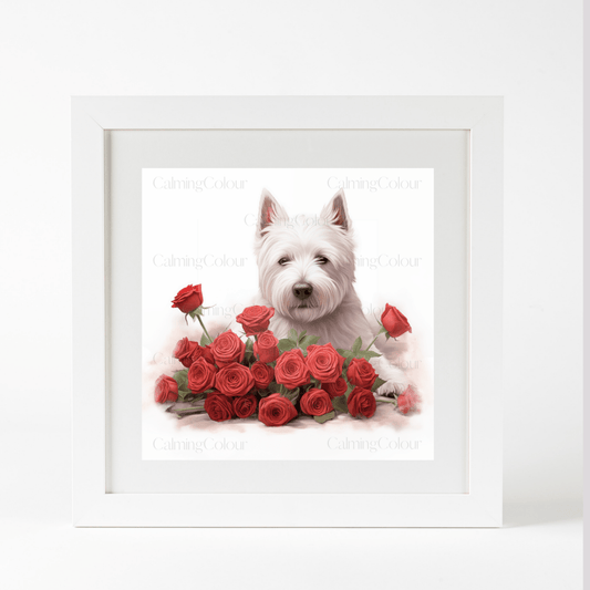 West Highland Terrier with Red Roses | Framed Art Print | Calming Colour