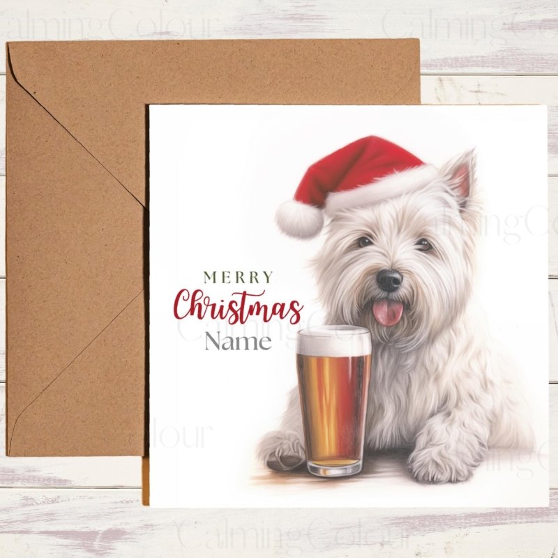 West Highland Terrier with Santa Hat & Pint | Christmas Card | Christmas Card
