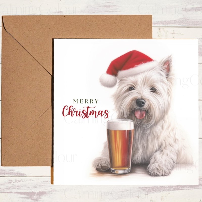 West Highland Terrier with Santa Hat & Pint | Christmas Card | Christmas Card