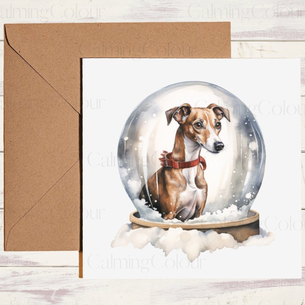 Whippet in a Snow Globe | Christmas Card | Card for Dog Lover | Calming Colour